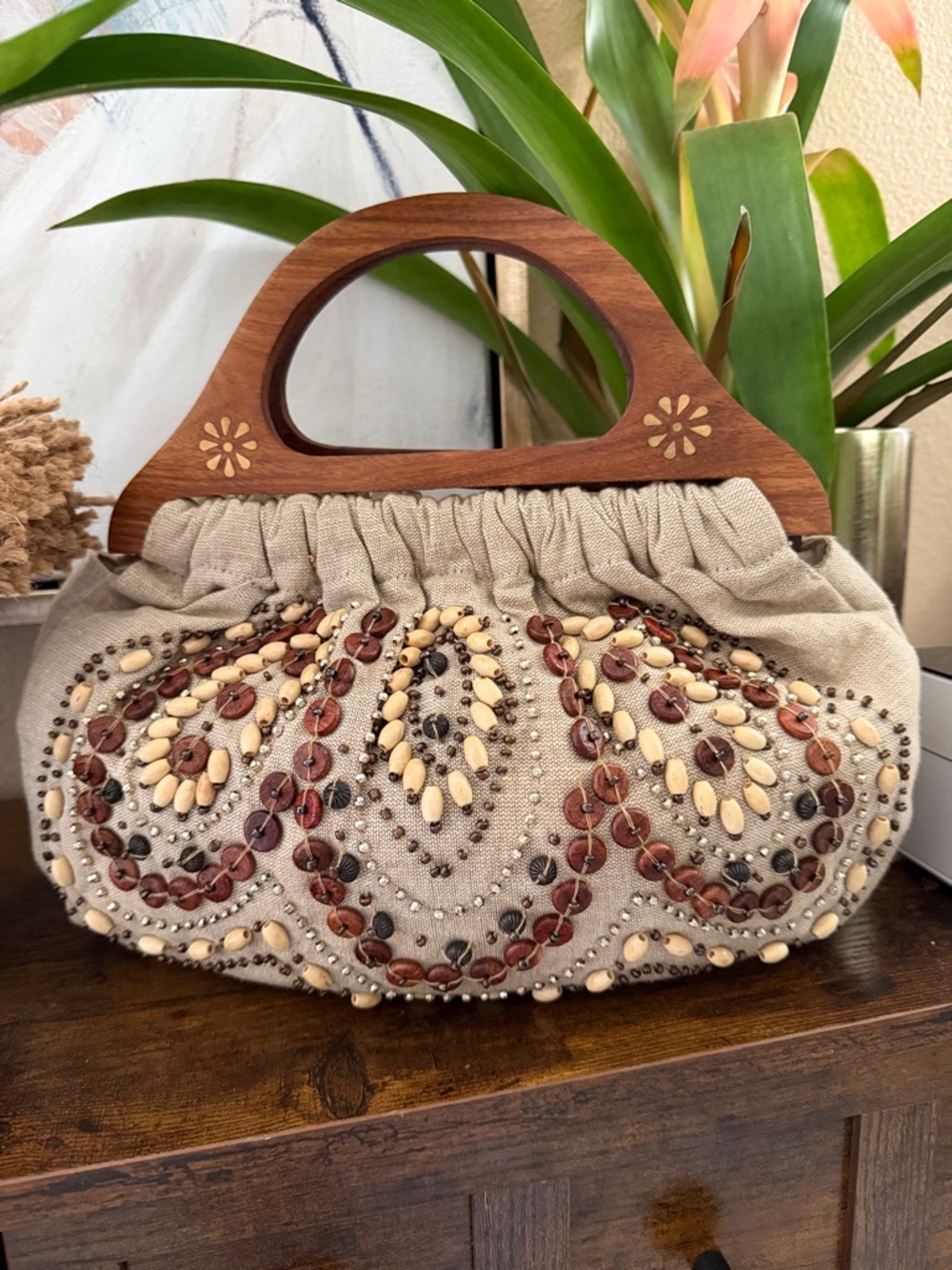 Beaded Beige Linen Clutch with Wooden Handles